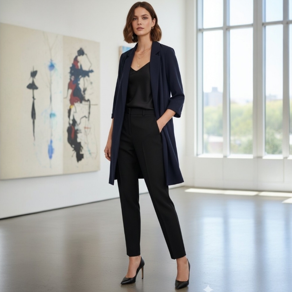 Alice & Olivia Navy Blue Duster Blazer XL Open‎ Front Techno Knit Long Cardigan